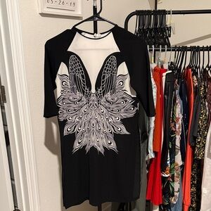 Black Tunic Dress with White Peacock Wing Print